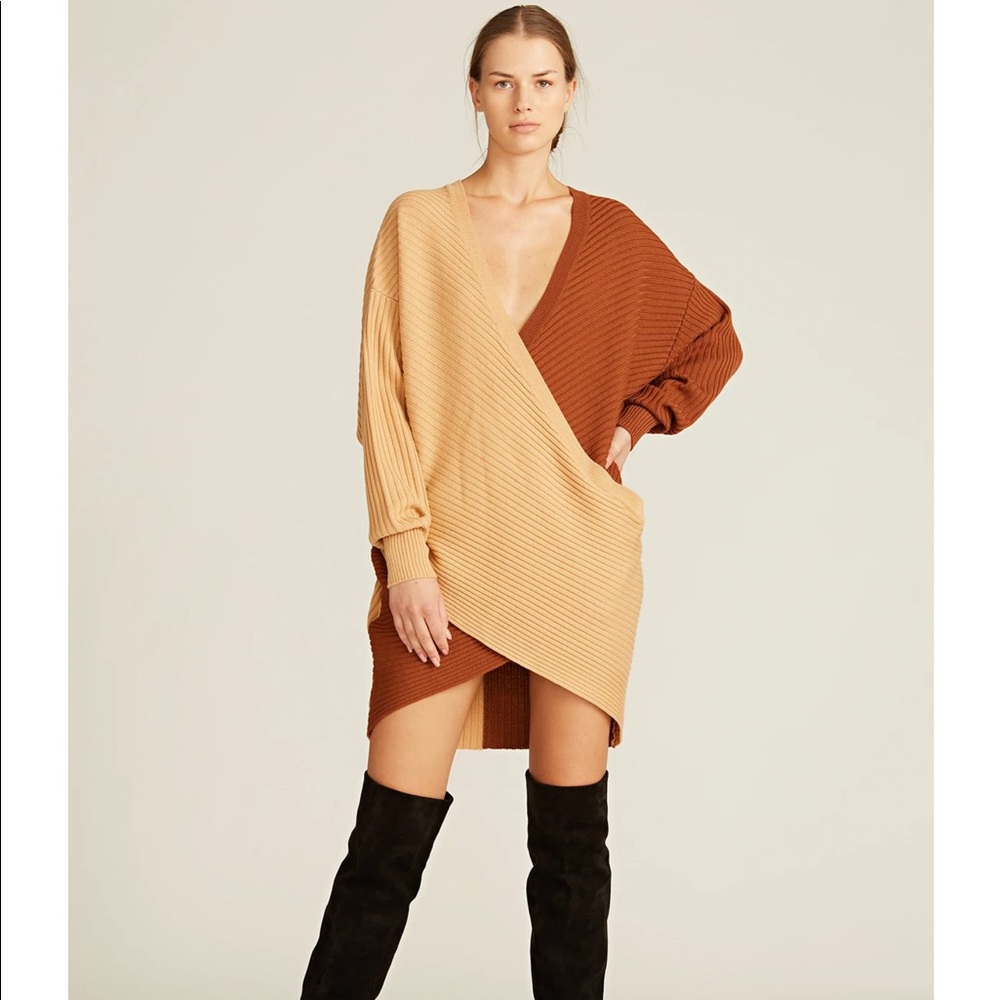 $498 NWT Amur Samira Two-Tone 100% Merino Wool Sweater dress Camel/Cedar Large